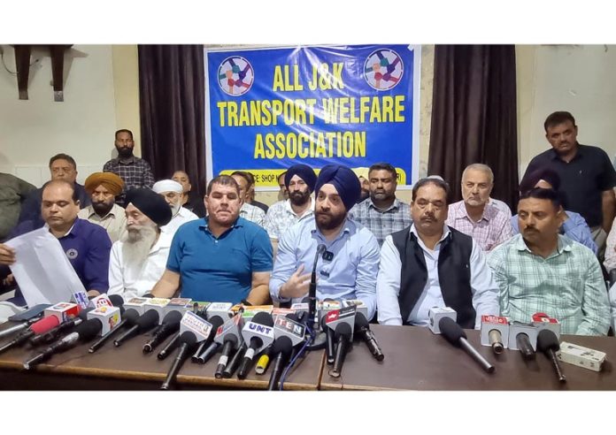 Leaders of all J&K Transport Welfare Association during a press conference at Jammu.