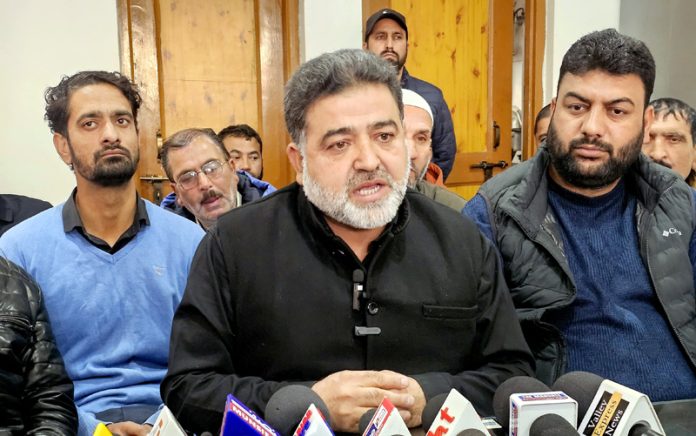 Employees Joint Action Committee leaders during a press conference in Srinagar on Saturday. -Excelsior/Shakeel Employees Joint Action Committee leaders during a press conference in Srinagar on Saturday. -Excelsior/Shakeel