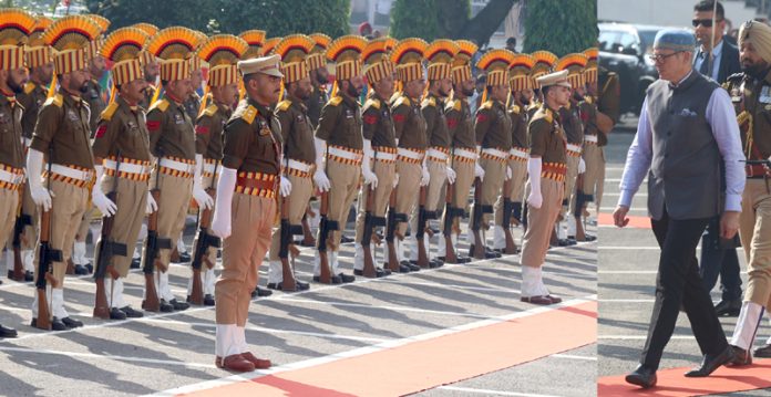 Chief Minister Omar Abdullah during Guard of Honour ceremony at Civil Secretariat Jammu on Monday. -Excelsior/Rakesh Chief Minister Omar Abdullah during Guard of Honour ceremony at Civil Secretariat Jammu on Monday. -Excelsior/Rakesh