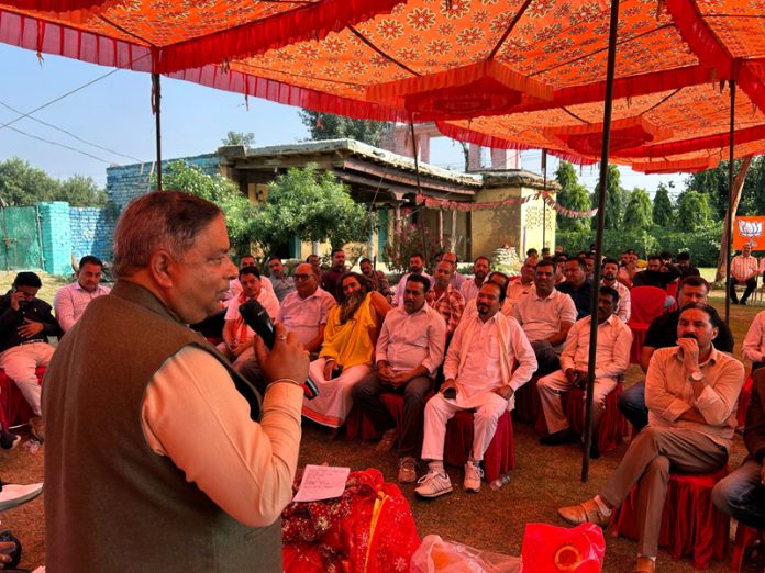 BJP president and MP (RS), Sat Sharma addressing election meeting in Nagrota on Sunday
