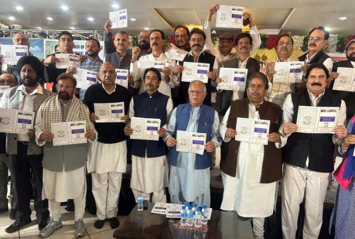 JKPCC chief T H Karra and other senior party leaders launching a booklet during a function in Jammu on Friday. JKPCC chief T H Karra and other senior party leaders launching a booklet during a function in Jammu on Friday.