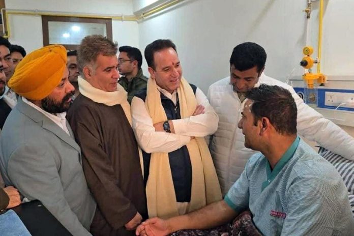 BJP leaders including LoP, Sunil Sharma and former party president, Ravinder Raina during visit to Srinagar Hospital to inquire about the welfare of Nowgam blast victims on Monday. BJP leaders including LoP, Sunil Sharma and former party president, Ravinder Raina during visit to Srinagar Hospital to inquire about the welfare of Nowgam blast victims on Monday.