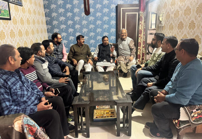 Sat Sharma, UT president BJP and MP(RS), along with MLA, Jammu West, Arvind Gupta during a party meeting at Jammu on Saturday.