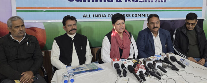AICC observer Rita Choudhary addressing press conference in Jammu on Saturday. -Excelsior/Rakesh