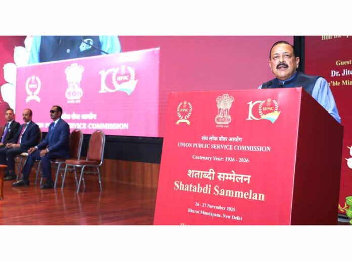 Union Minister Dr Jitendra Singh addressing the ‘Shatabdi Sammelan”, the centenary celebration of UPSC, at Bharat Mandapam, New Delhi on Wednesday.