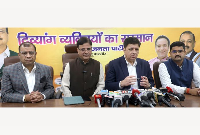 BJP chief spokesperson, Sunil Sethi and spokespersons at a press conference at Jammu on Tuesday. — Excelsior/Rakesh