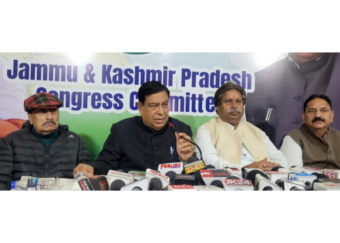Congress leaders addressing press conference at party headquarters in Jammu on Thursday. — Excelsior/Rakesh
