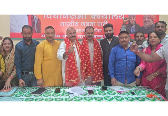 MLA Jammu East and senior BJP leader Yudhvir Sethi during a meeting at Nagrota on Wednesday.