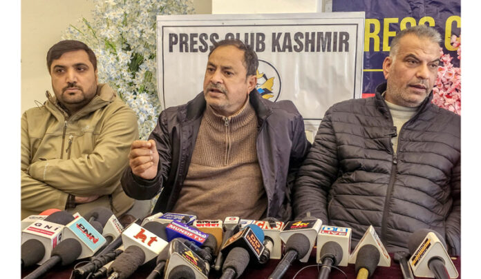 President of the Kashmir Wholesale Mutton Dealers Association Mehraj-ud-Din Ganai, speaking at press conference in Srinagar on Thursday. -Excelsior/Shakeel