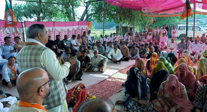 BJP UT president and MP, Sat Sharma addressing an election meeting in Nagrota on Monday. BJP UT president and MP, Sat Sharma addressing an election meeting in Nagrota on Monday.