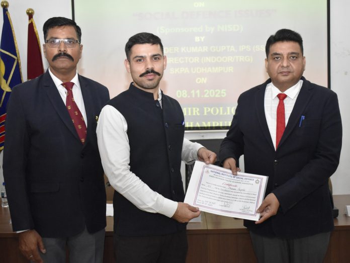 Certificate being handed over to a trainee police officer at SKPA Udhampur by a senior officer on Saturday. Certificate being handed over to a trainee police officer at SKPA Udhampur by a senior officer on Saturday.