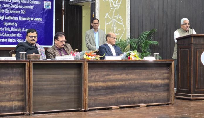 Minister Javed Rana and others on dais while Vice Chancellor Prof Umesh Rai delivers presidential address during inaugural of Jammu Language Conference at JU on Tuesday. Minister Javed Rana and others on dais while Vice Chancellor Prof Umesh Rai delivers presidential address during inaugural of Jammu Language Conference at JU on Tuesday.