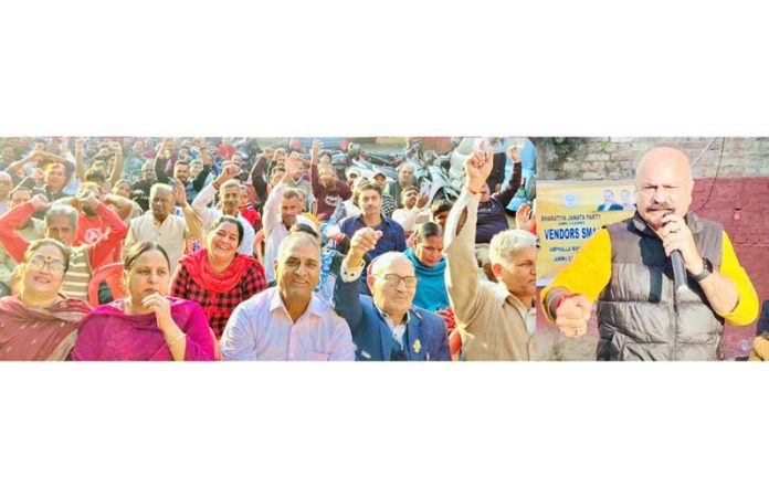 MLA East, Yudhvir Sethi addressing Vendors Sammelan at Amphalla on Thursday.