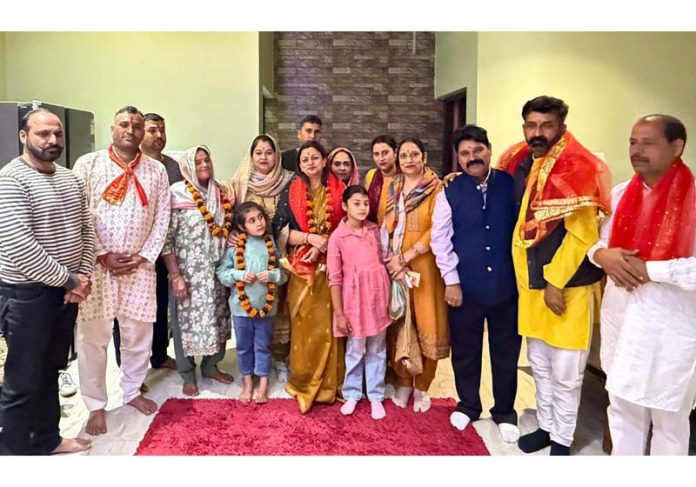 BJP leader, Rekha Mahajan along with others during a meeting in Purmandal on Thursday.