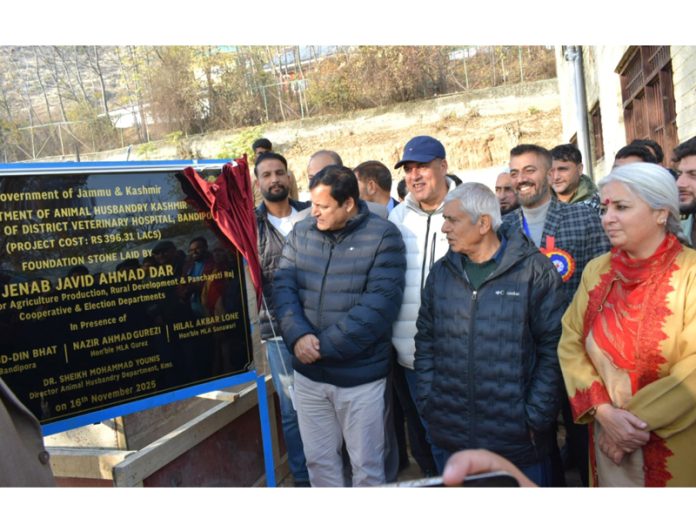 Minister Javid Dar laying foundation of District Veterinary Hospital Bandipora on Sunday. Minister Javid Dar laying foundation of District Veterinary Hospital Bandipora on Sunday.