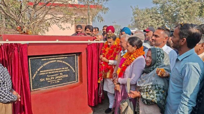 MLA Jasrota, Rajiv Jasrotia inaugurating road projects in Barnoti area on Sunday.