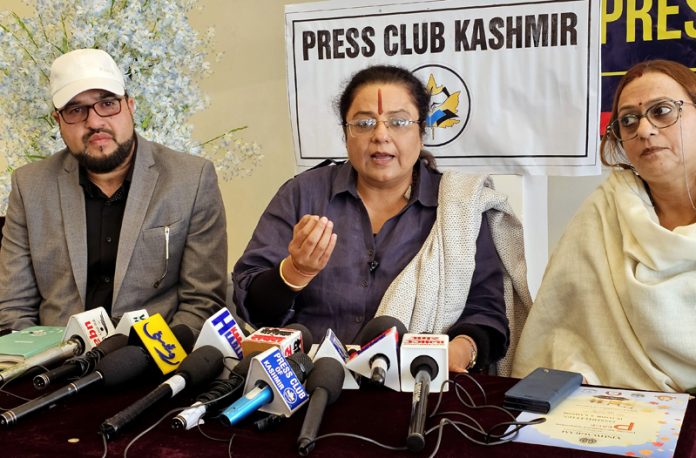 Geeta Singh, National President of Vishwagram along with other members during a press conference in Srinagar on Tuesday. -Excelsior/Shakeel Geeta Singh, National President of Vishwagram along with other members during a press conference in Srinagar on Tuesday. -Excelsior/Shakeel