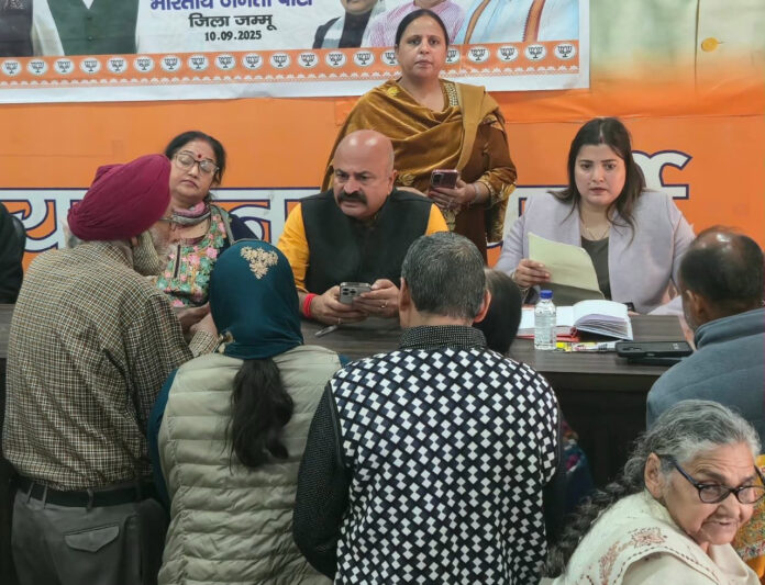 MLA Yudhvir Sethi listening to the issues during a public grievances redressal camp in Jammu on Thursday. MLA Yudhvir Sethi listening to the issues during a public grievances redressal camp in Jammu on Thursday.