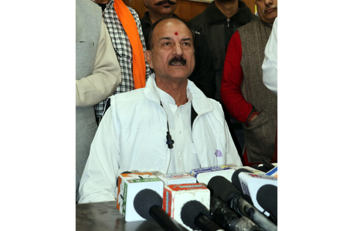 Dr Devesh Upadhaye National General secretary, Anterashtriya Hindu Parishad (AHP) addressing a press conference, in Jammu on Friday. (UNI)