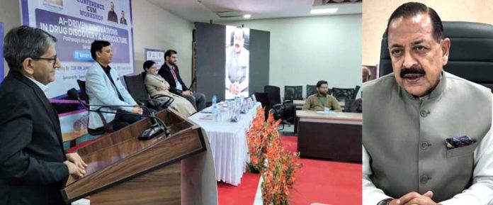 Dr Jitendra Singh (right) virtually addressing the participants of a conference at Industrial Biotech Park in Kathua on Friday.