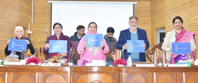 Minister Sakeena Itoo and others releasing Coffee Table Book of Kashmir University on Monday. Minister Sakeena Itoo and others releasing Coffee Table Book of Kashmir University on Monday.