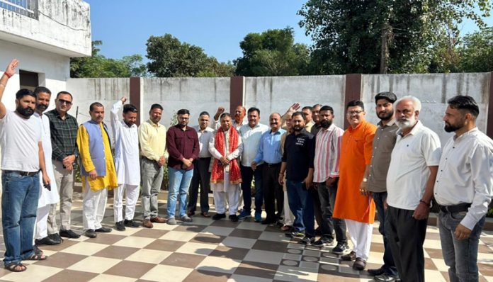 BJP J&K UT president and MP Sat Sharma during an election meeting in Nagrota on Friday.
