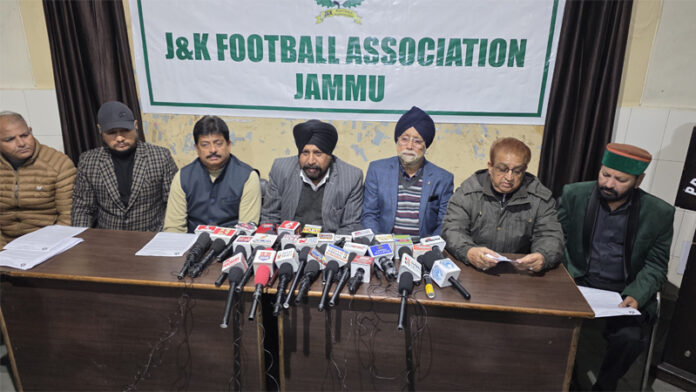 Ex-JKFA members addressing press conference at Jammu. -Excelsior/Rakesh