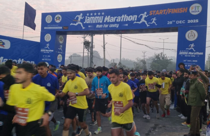 Participants in action during “Run for Unity” Jammu Marathon-2025 at Gulshan Ground, Jammu. -Excelsior/Rakesh