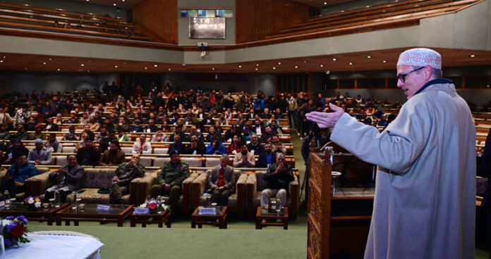 CM Omar Abdullah addressing ATOAI convention at SKICC Srinagar on Wednesday. CM Omar Abdullah addressing ATOAI convention at SKICC Srinagar on Wednesday.