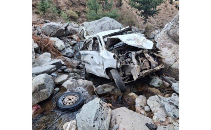 Mingled remains of a vehicle which fell into a gorge in Bhaderwah on Friday. -Excelsior/Tilak Raj