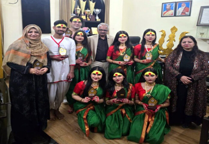 GGM Science College students celebrate their victory at Mahotsav-2025. The talented group-M. Zaigham Salaria, Manmeet Kour, Anirudh Sodi, Natasha, Swastika Sharma, Manvi Jamwal, Meenakshi Devi and Tanvi Bilowria-secured first prize in the Inter-College Group Dance Competition.