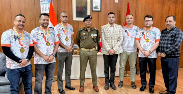 J&K Masters Roller Hockey Team posing along with IGP Jammu, Bhim Sen Tuti.