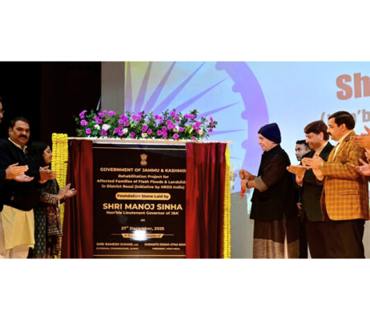 LG Manoj Sinha laying foundation stone for construction of 320 houses for families affected due to recent flash-floods and land-slides in Reasi on Saturday.
