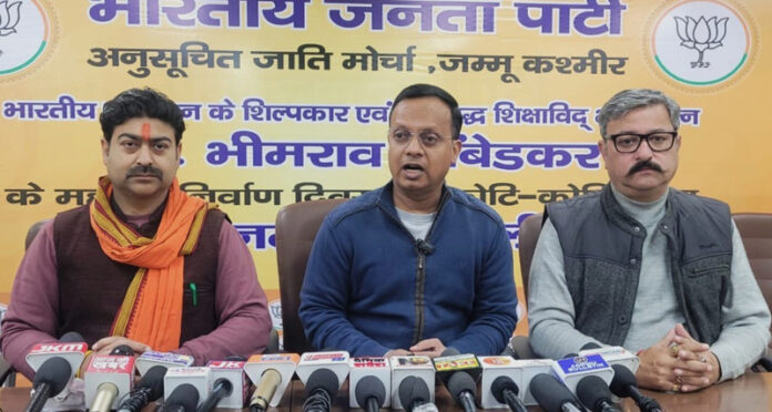 BJP Spokespersons Dr Tahir Chowdhary and Zorawar Singh Jamwal addressing a press conference in Jammu.
