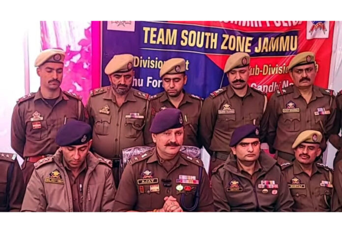 SP Jammu South, Ajay Sharma, addressing media persons at Police Station Channi Himmat on Monday. SP Jammu South, Ajay Sharma, addressing media persons at Police Station Channi Himmat on Monday.