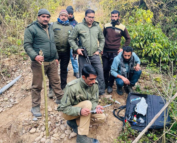 A trapped leopard cub being rescued by Wild Life team in Samba area. A trapped leopard cub being rescued by Wild Life team in Samba area.