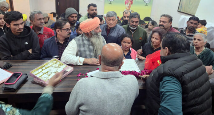 MLA Jammu East, Yudhvir Sethi listening to people’s issues during a public Darbar at BJP Office, Kacchi Chawni, Jammu on Thursday.