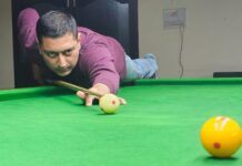 A snooker player in action during a match at MA Stadium. -Excelsior/Rakesh