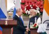 Prime Minister Narendra Modi and President of the Russia Vladimir Putin at the Hyderabad House, in New Delhi on Friday.(UNI)