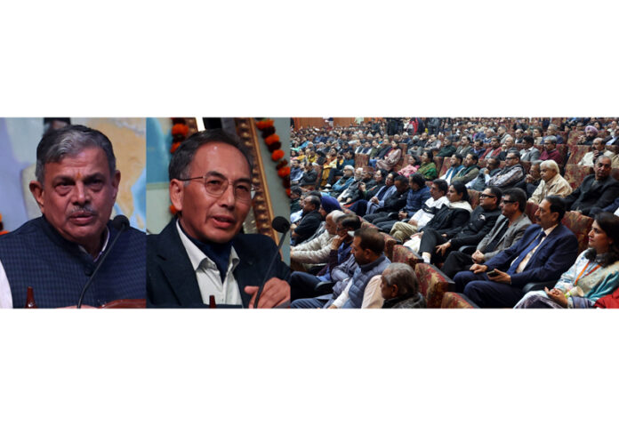 RSS Sarkaryawah Dattatreya Hosbale and Tashi Rabistan, Chief Justice (retd) at a function of Sangh in Jammu on Saturday. -Excelsior/Rakesh