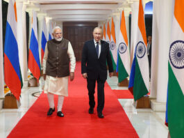 PM Narendra Modi along with Russian President Valadimir Putin at Lok Kalyan Marg in New Delhi on Thursday.