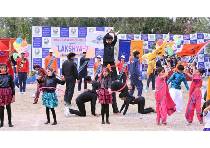 Students presenting aerobic dance during annual sports meet of Jammu Sanskriti School, Kathua. Students presenting aerobic dance during annual sports meet of Jammu Sanskriti School, Kathua.