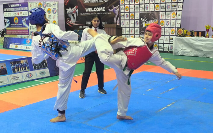 Taekwondo players in action during a match in Doda.