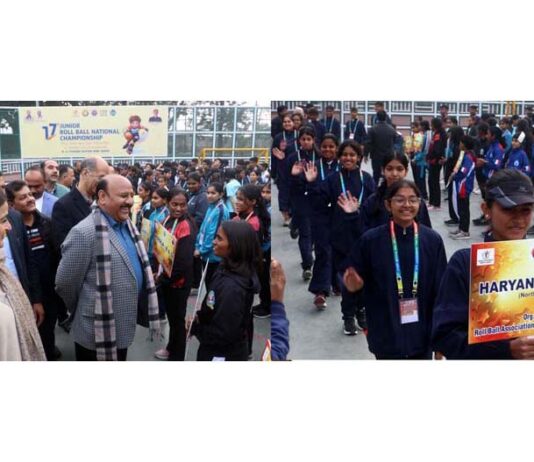 Dy CM Surinder Choudhary interacting with Roll Ball players during opening of the 17th Junior Roll Ball National Championship at MA Stadium, Jammu. -Excelsior/Rakesh