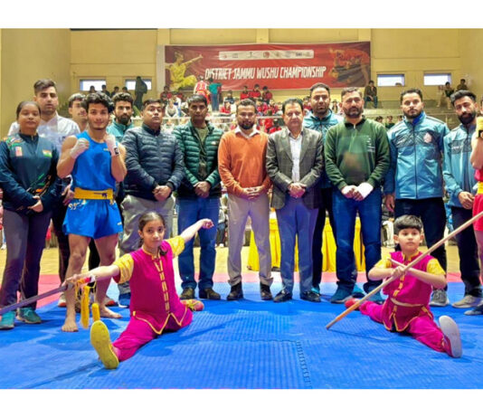 Wushu athletes in action during inaugural event at Jammu.
