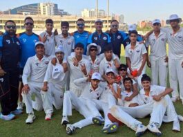 J&K team posing with their coaches after defeating Meghalaya in a Vijay Merchant Trophy match at Surat.