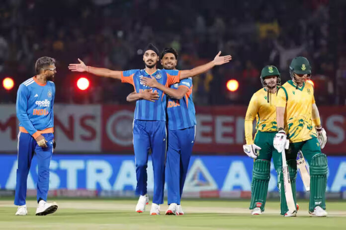 Arshdeep Singh celebrating after taking wicket against South Africa in 3rd T20I at Dharamsala. Arshdeep Singh celebrating after taking wicket against South Africa in 3rd T20I at Dharamsala.