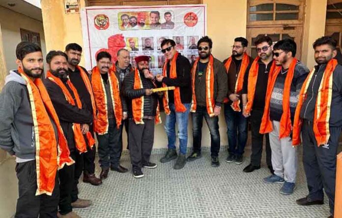 Shiv Sena (Shinde) leaders distributing sweets among party activists over its victory in local body elections of Maharashtra at Jammu on Tuesday .