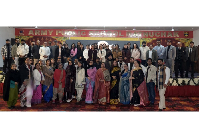 Alumni and meritorious students of APS Ratnuchak posing with dignitaries during annual literary-cultural event.