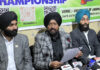 Matsogi-Do Association J&K UT President Taranjit Singh Tony along with others addressing press conference at Jammu. -Excelsior/Rakesh